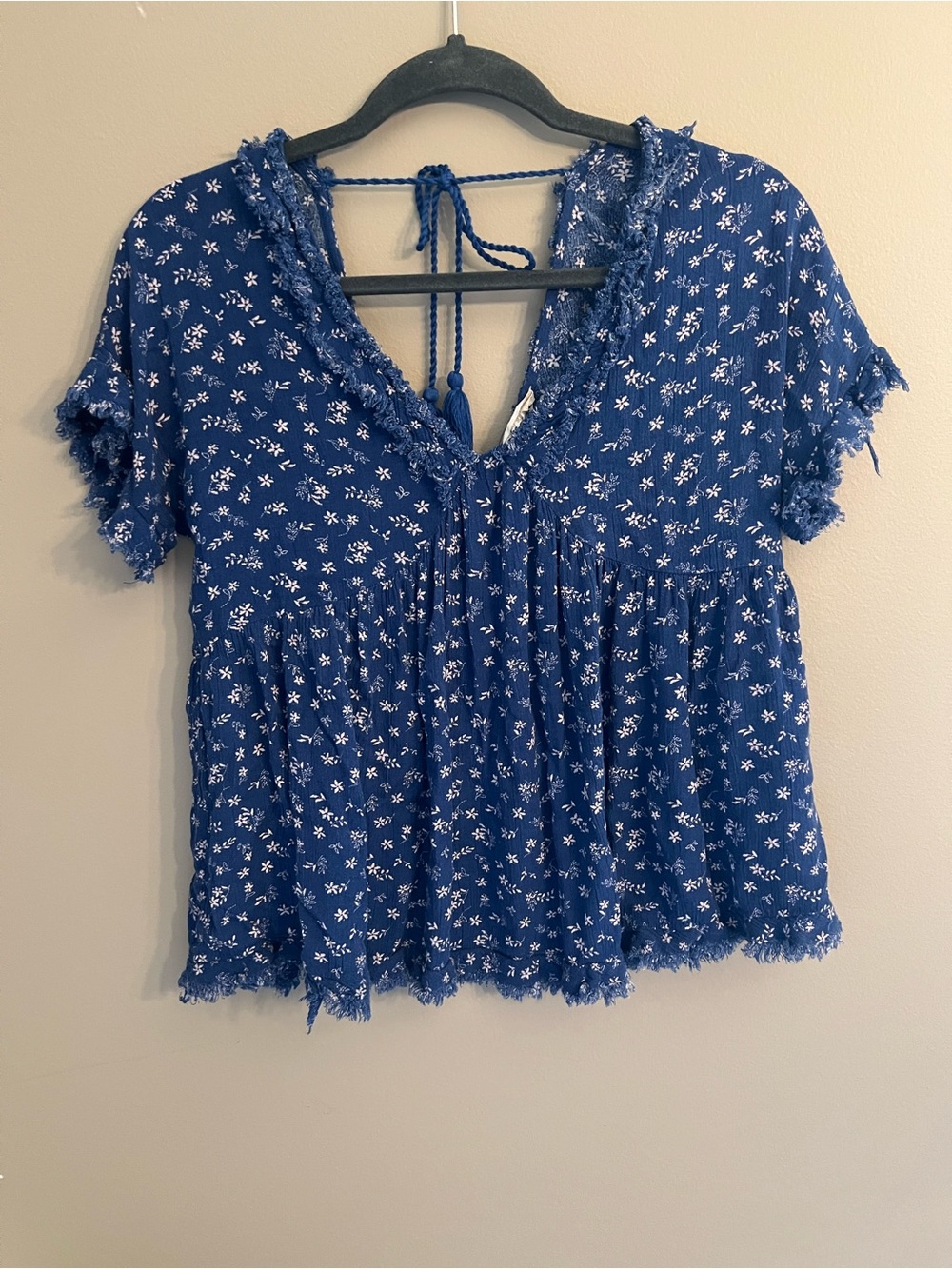 Altar'd State Royal Blue Floral Tie-Back Peasant Blouse